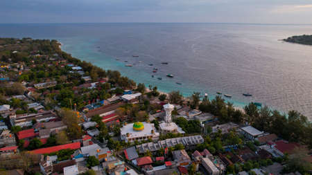 Aerial view of Gili Trawangan Island, Indonesia with morning sunrise sunlight. Lombok, Indonesia,のeditorial素材