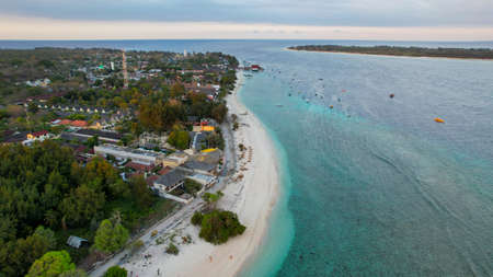 Aerial view of Gili Trawangan Island, Indonesia with morning sunrise sunlight. Lombok, Indonesia,のeditorial素材