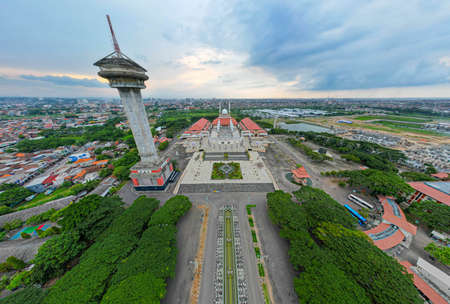 Aerial view of the Beautiful scenery of Maguwoharjo Stadium. with Sleman cityscape background. Sleman, Indonesia, December 6, 2021のeditorial素材