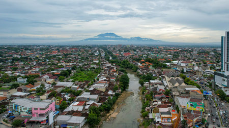 Aerial view of beautiful view in the morning at solo city. Solo, Indonesia, December 6, 2021のeditorial素材