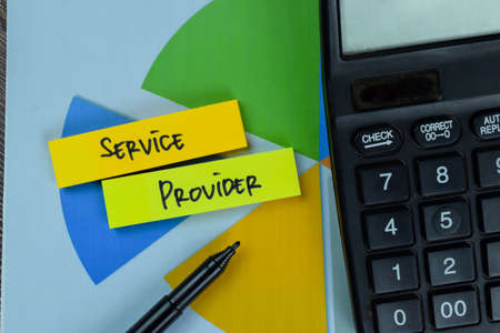 Service Provider write on sticky notes isolated on Wooden Table.