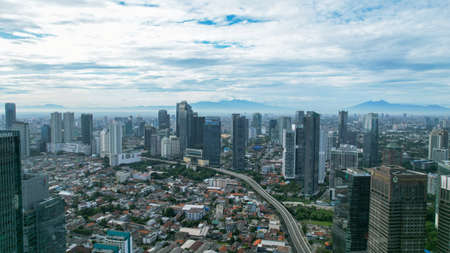 Aerial view of TVRI tower surrounded by buildings. TVRI is a state-owned television network in Indonesia. Jakarta, Indonesia, March 8, 2022