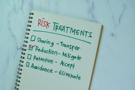 Concept of Risk Treatments write on a book with keywords isolated on Wooden Table.