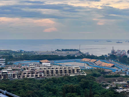 Aerial view of the Beautiful scenery of Jakarta Formula E Circuit. with Jakarta cityscape background. Jakarta, Indonesia, June 21 2022のeditorial素材