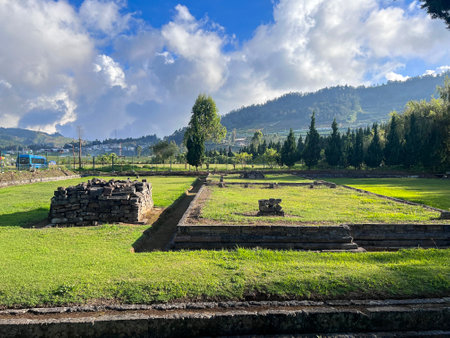 Aerial view of beauty mountain peaks Prau Dieng, Central Java and the climbers and tent. Wonosobo, Indonesia, September 30, 2022の写真素材