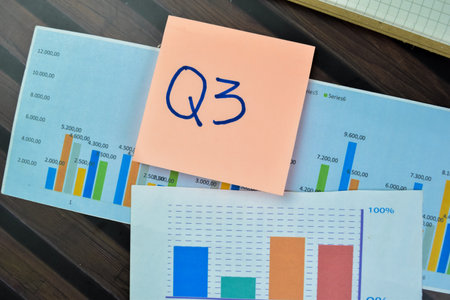 Concept of Q3 - 3rd Quarter Period write on sticky notes isolated on Wooden Table.