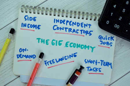 Concept of The Gig Economy write on book with keywords isolated on Wooden Table.の写真素材