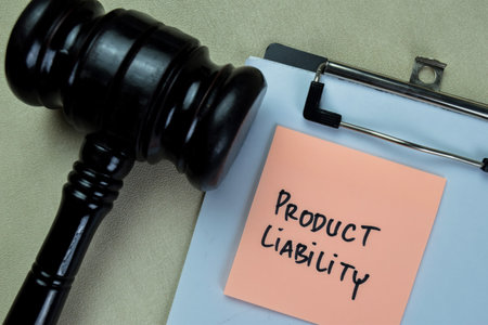 Concept of Product Liability write on sticky notes with gavel isolated on Wooden Table.の写真素材