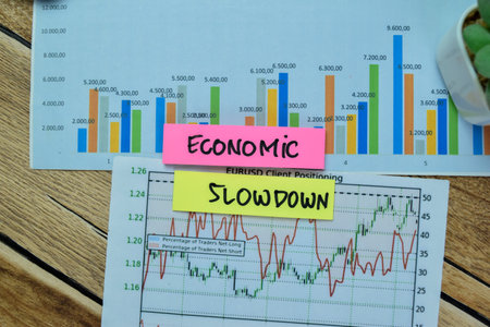 Concept of Economic Slowdown write on sticky notes with stock market isolated on Wooden Table.の写真素材