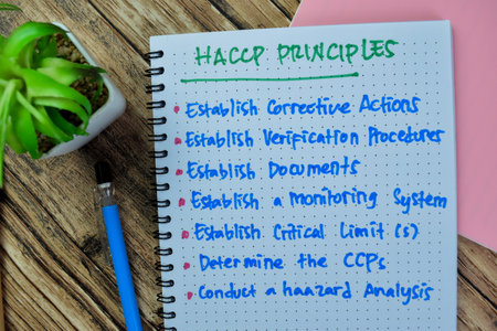 Concept of HACCP Principles write on book with keywords isolated on Wooden Table.の写真素材