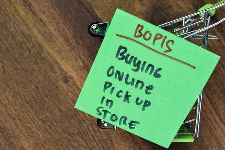 Concept of BOPIS - Buying Online Pick up In Store write on sticky notes isolated on Wooden Table.