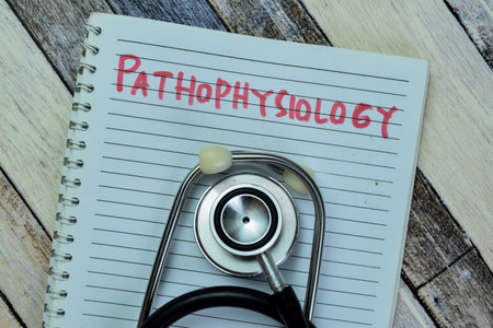 Concept of Pathophysiology write on book with stethoscope isolated on Wooden Table.の写真素材