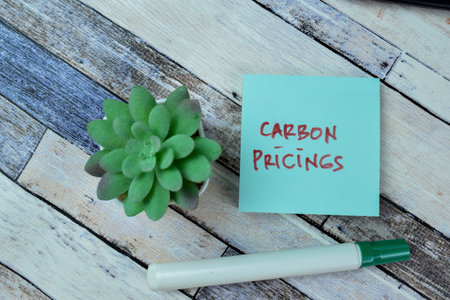 Concept of Carbon Pricings write on sticky notes isolated on Wooden Table.の写真素材