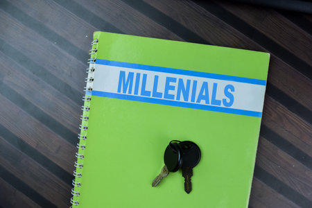 Concept of Millenials write on book isolated on Wooden Table.