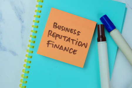Concept of Business Reputation Finance write on sticky notes isolated on Wooden Table.の写真素材