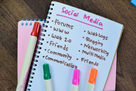 Concept of Social Media write on book isolated with keyword on Wooden Table.