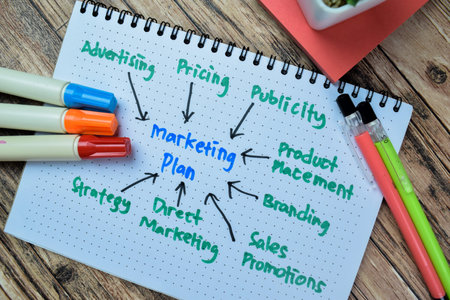 Concept of Marketing Plan write on book isolated on Wooden Table.