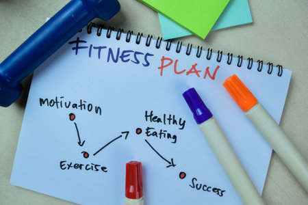 Concept of Fitness Plan write on book with keywords isolated on Wooden Table.の写真素材
