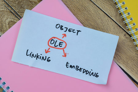 Concept of OLE - Object Linking Embedding write on sticky notes isolated on Wooden Table.