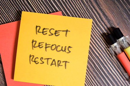 Concept of Reset, Refocus, Restart write on sticky notes isolated on Wooden Table.