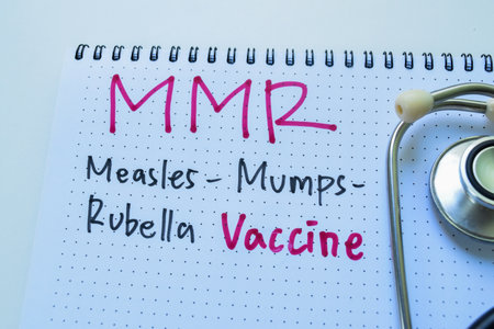 Concept of MMR - Measles Mumps Rubella Vaccine write on book with stethoscope isolated on white background.の写真素材