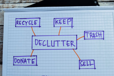 Concept of Declutter write on book with keywords isolated on Wooden Table.の写真素材
