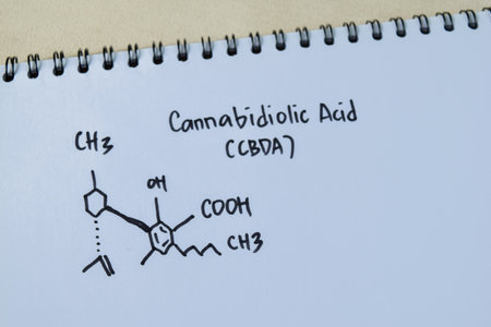 Cannabidiolic Acid (CBDA) molecule written on the book. Structural chemical formula. Education conceptの写真素材