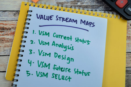 Concept of Value Stream Maps write on book with keywords isolated on Wooden Table.の写真素材