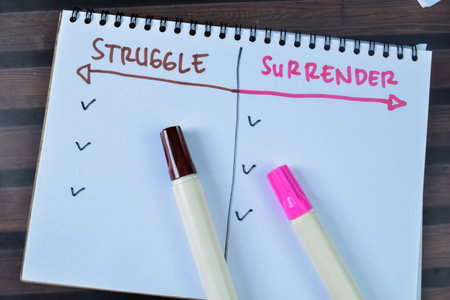 Concept of Struggle and Surrender write on book. Supported by an additional services isolated on...