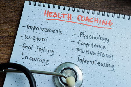 Concept of Health Coaching write on book with keywords isolated on Wooden Table.