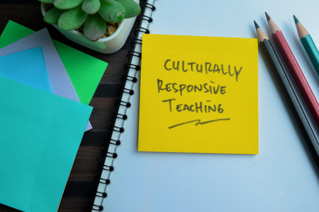 Concept of Culturally Responsive Teaching write on sticky notes isolated on Wooden Table.の写真素材
