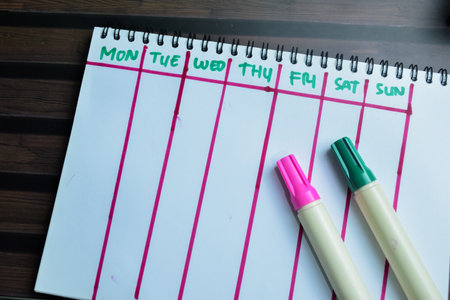 Concept of Weekly Calendar write on book isolated on Wooden Table.