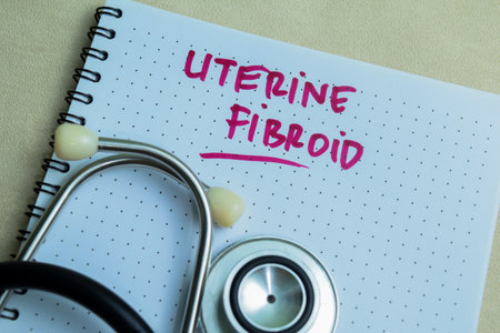 Concept of Uterine Fibroid write on book isolated on Wooden Table.の写真素材