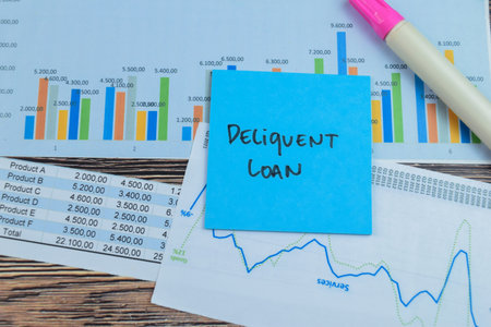 Concept of Deliquent Loan write on sticky notes isolated on Wooden Table.の写真素材