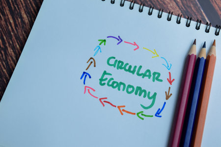 Concept of Circular Economy write on book isolated on Wooden Table.