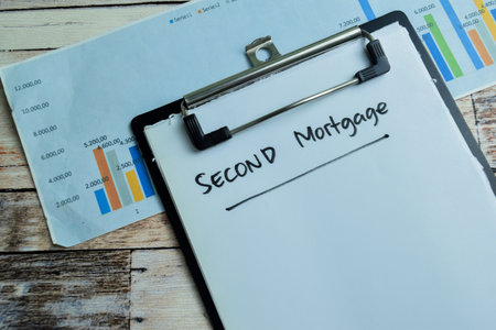 Concept of Second Mortgage write on paperwork isolated on wooden background.