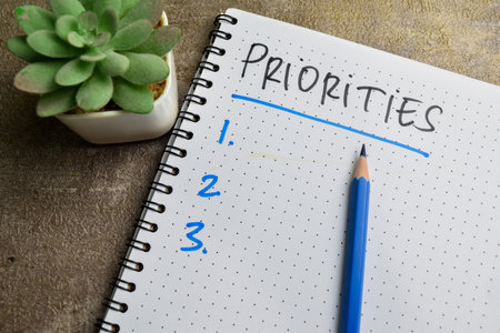 Concept of Priorities write on book with keywords. Supported by an additional services isolated on Wooden Table.