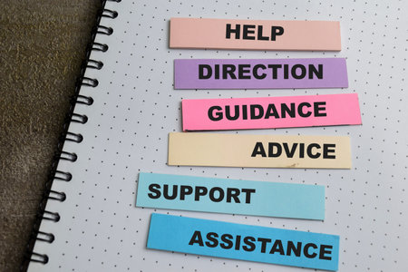 Concept of Help, Direction, Guidance, Advice, Support, Assistance write on sticky notes isolated on Wooden Table.の写真素材