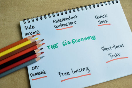 Concept of The Gig Economy write on book with keywords isolated on Wooden Table.の写真素材
