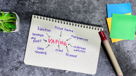 Concept of Vaping write on book with keywords isolated on Wooden Table.