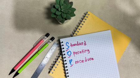 Concept of SOP - Standard Operating Procedure write on book isolated on Wooden Table.