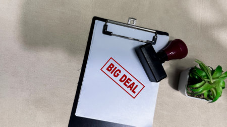 Red Handle Rubber Stamper and Big Deal text on a paperwork isolated on wooden backgroundの写真素材
