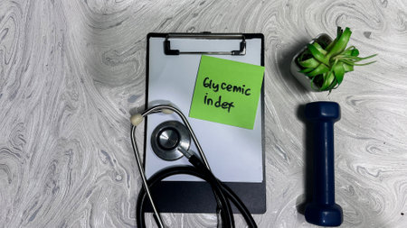 Concept of Glycemic Index write on sticky notes isolated on Wooden Table.