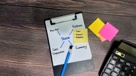 Concept of Trade write on paperwork with keywords isolated on wooden background.
