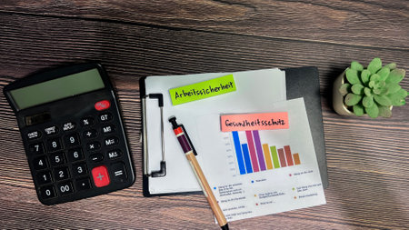 Concept of Arbeitssicherheit and Gesundheitsschutz on German Language write on sticky notes isolated on Wooden Table. German Language it means occupational safety and health protectionの写真素材