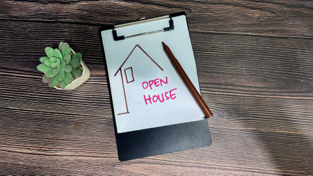 Concept of Open House write on paperwork isolated on wooden background.の写真素材