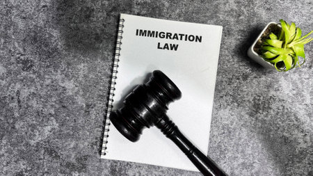 Concept of Immigration Law write on book isolated on Wooden Table.