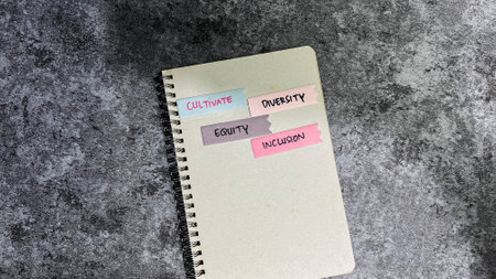 Concept of Cultivate, Diversity, Inclusion, and Equity write on sticky notes isolated on Wooden Table.の写真素材