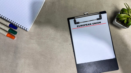 Concept of European Union write on paperwork isolated on wooden background.の写真素材