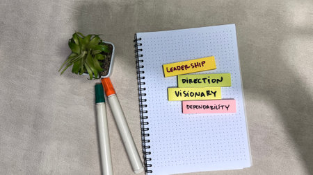 Concept of Leadership, Direction, Visionary, Dependability write on sticky notes isolated on Wooden Table.の写真素材